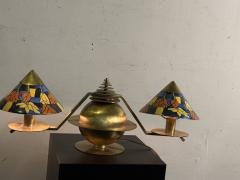 Marc Errol RARE MODERNIST BRASS ART DECO LAMP ENAMELED FLOWER GLASS SHADES BY MARC ERROL - 4353582