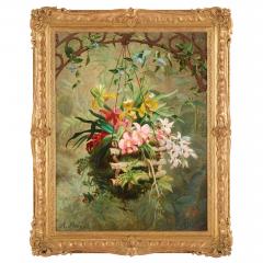 Marc Laurent Bruyas Large 19th century floral still life of a hanging orchid basket by Bruyas - 4448542