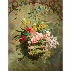 Marc Laurent Bruyas Large 19th century floral still life of a hanging orchid basket by Bruyas - 4448590