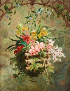 Marc Laurent Bruyas Large 19th century floral still life of a hanging orchid basket by Bruyas - 4448680