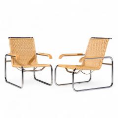 Marcel Breuer Marcel Breuer for Thonet B35 Mid Century Chrome and Rattan Lounge Chairs Pair - 4413822