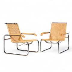 Marcel Breuer Marcel Breuer for Thonet B35 Mid Century Chrome and Rattan Lounge Chairs Pair - 4413823