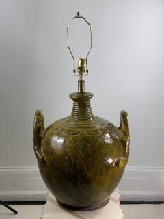 Marcello Fantoni MONUMENTAL ITALIAN CHARTREUSE VOLCANIC GLAZE DOUBLE HANDLED POTTERY LAMP - 1108422
