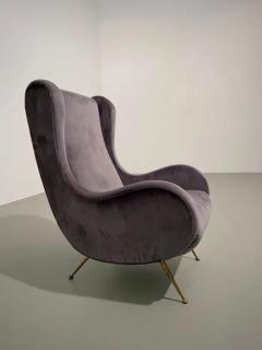 Marco Zanuso Blue Grey Lounge Chair in Velvet and Brass Italy 1950s - 3389153