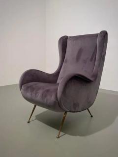 Marco Zanuso Blue Grey Lounge Chair in Velvet and Brass Italy 1950s - 3389154
