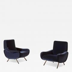 Marco Zanuso Marco Zanuso for Arflex Italy Pair of Lady Armchairs in Blue Cotton Velvet - 3560878
