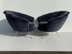 Marco Zanuso Pair Scalloped Back Velvet Lounge Chairs with Brass Legs - 1275708