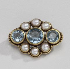 Margaret Rogers American Arts Crafts Gold Brooch with Aquamarines Pearls by Margaret Rogers - 2396871