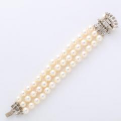 Marianne Ostier Triple Strand Cultured Pearls Bracelet w 5kt Diamond Clasp - 2220083