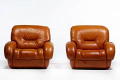 Mario Bellini 1970s Italian Mid Century Modern Plush Carmel Leather Club Chairs - 3920216