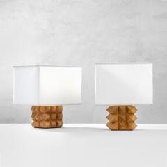 Mario Ceroli Mario Ceroli Pair of Table Lamps Mod Diamante in Wood and Fabric - 2500736