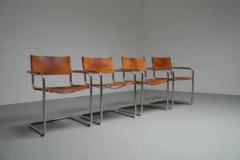 Mart Stam Set of 4 Dinging Chairs B 34 by Mart Stam in patinated leather Italy 1970s - 3653589