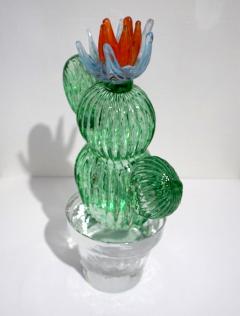 Marta Marzotto 1990s Marta Marzotto Vintage Murano Glass Green Cactus Plant Blue Coral Flower - 1264321