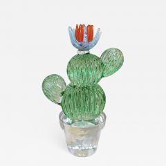 Marta Marzotto 1990s Marta Marzotto Vintage Murano Glass Green Cactus Plant Blue Coral Flower - 1266193