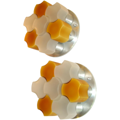 Martinelli Luce Martinelli Luce 1963 Rare Pair of White and Orange Glass Wall or Flush Lights - 635810