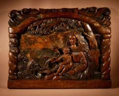 Mary And Baby Jesus Feeding Birds Large Walnut Relief Carving - 3264668