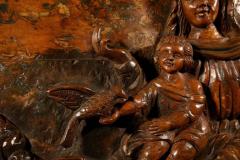 Mary And Baby Jesus Feeding Birds Large Walnut Relief Carving - 3264727