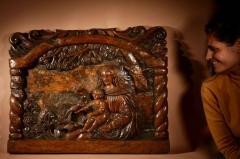 Mary And Baby Jesus Feeding Birds Large Walnut Relief Carving - 3264728