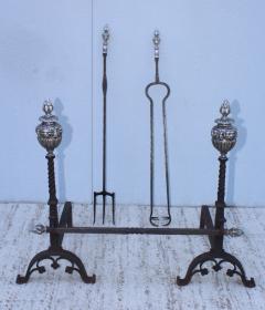 Massive 1890s Andirons And Fireplace Tools With Faces - 2046892