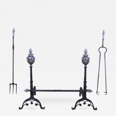 Massive 1890s Andirons And Fireplace Tools With Faces - 2047587