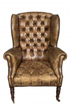 Matched Pair Of English Tufted Leather Wing Back Chairs - 4260994