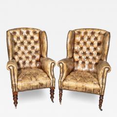 Matched Pair Of English Tufted Leather Wing Back Chairs - 4262877