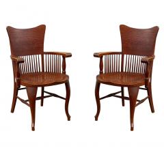 Matching Pair of Antique Quarter Sawn Oak Spindle Back Armchairs or Side Chairs - 2928984