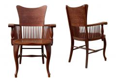 Matching Pair of Antique Quarter Sawn Oak Spindle Back Armchairs or Side Chairs - 2928994