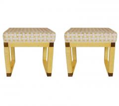 Matching Pair of Midcentury Hollywood Regency Yellow Rattan and Brass Bench Set - 2508451
