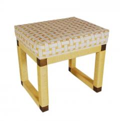 Matching Pair of Midcentury Hollywood Regency Yellow Rattan and Brass Bench Set - 2508453
