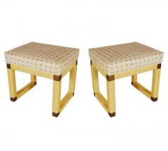Matching Pair of Midcentury Hollywood Regency Yellow Rattan and Brass Bench Set - 2508454