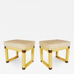 Matching Pair of Midcentury Hollywood Regency Yellow Rattan and Brass Bench Set - 2510577
