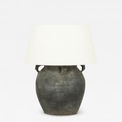 Matte Black Pottery Lamp with White Linen Shade - 2759759