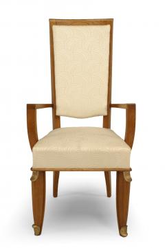 Maurice Jallot Set of Eight French Mid Century Oak and White Silk Dining Chairs - 1438919