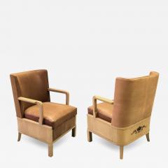 Maurice Jallot Stylish Pair of French 1940s Sycamore Marquetry Open Armchairs - 2971967