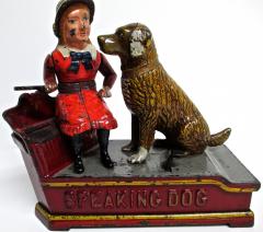 Mechanical Bank Speaking Dog ca 1885 with Original Wooden Box - 86716