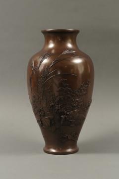 Meiji Period Japanese Bronze Vase with Grasses and Quail Design - 1662889