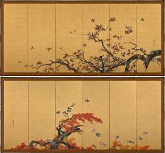 Meiji era Circa 1900 Japanese Screen Pair Flowers Birds of Spring Autumn  - 4429776