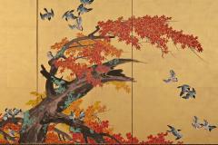 Meiji era Circa 1900 Japanese Screen Pair Flowers Birds of Spring Autumn  - 4429787
