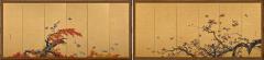 Meiji era Circa 1900 Japanese Screen Pair Flowers Birds of Spring Autumn  - 4429788