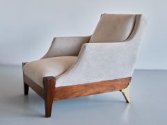 Melchiorre Bega Pair of Melchiorre Bega Armchairs in Walnut Brass Ivory Fabric Italy 1940s - 3346899