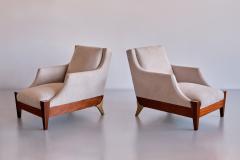 Melchiorre Bega Pair of Melchiorre Bega Armchairs in Walnut Brass Ivory Fabric Italy 1940s - 3346901