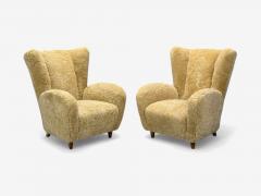 Meroni Fossati Beige Shearling Stained Wood Lounge Chairs Italy 1950s - 4301704
