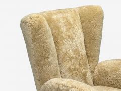 Meroni Fossati Beige Shearling Stained Wood Lounge Chairs Italy 1950s - 4301706