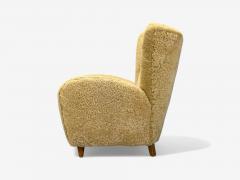 Meroni Fossati Beige Shearling Stained Wood Lounge Chairs Italy 1950s - 4301708
