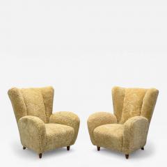 Meroni Fossati Beige Shearling Stained Wood Lounge Chairs Italy 1950s - 4305697