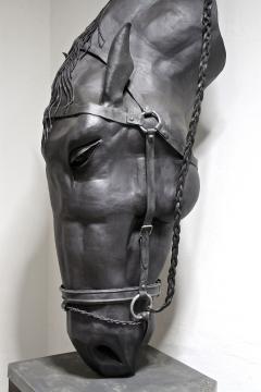 Metal Horse Head Sculpture by G F ssl Handforged On Charred Oak Base 2017 - 3321330
