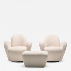 Michael Wolk Pair of Michael Wolk Swivel Lounge Chairs in Ivory Boucl with En Suite Ottoman - 1972899