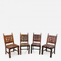 Michael van Beuren Hermanos Soto 4 Woven Saddle Leather Strap Chairs Rustic Mahogany Mexico 1950s - 2105853