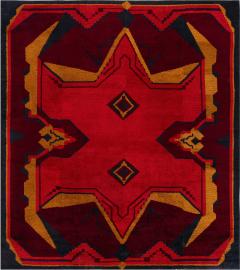 Mid 20th Century Art Deco Design Black Brown Gold Orange Handmade Wool Rug - 2456470